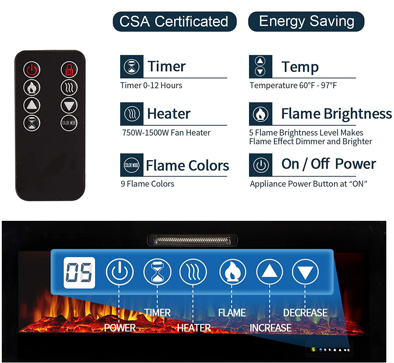 9 Flame Colors Artificial Flame Linear Recessed and Wall Mounted Electric Fireplace Heater