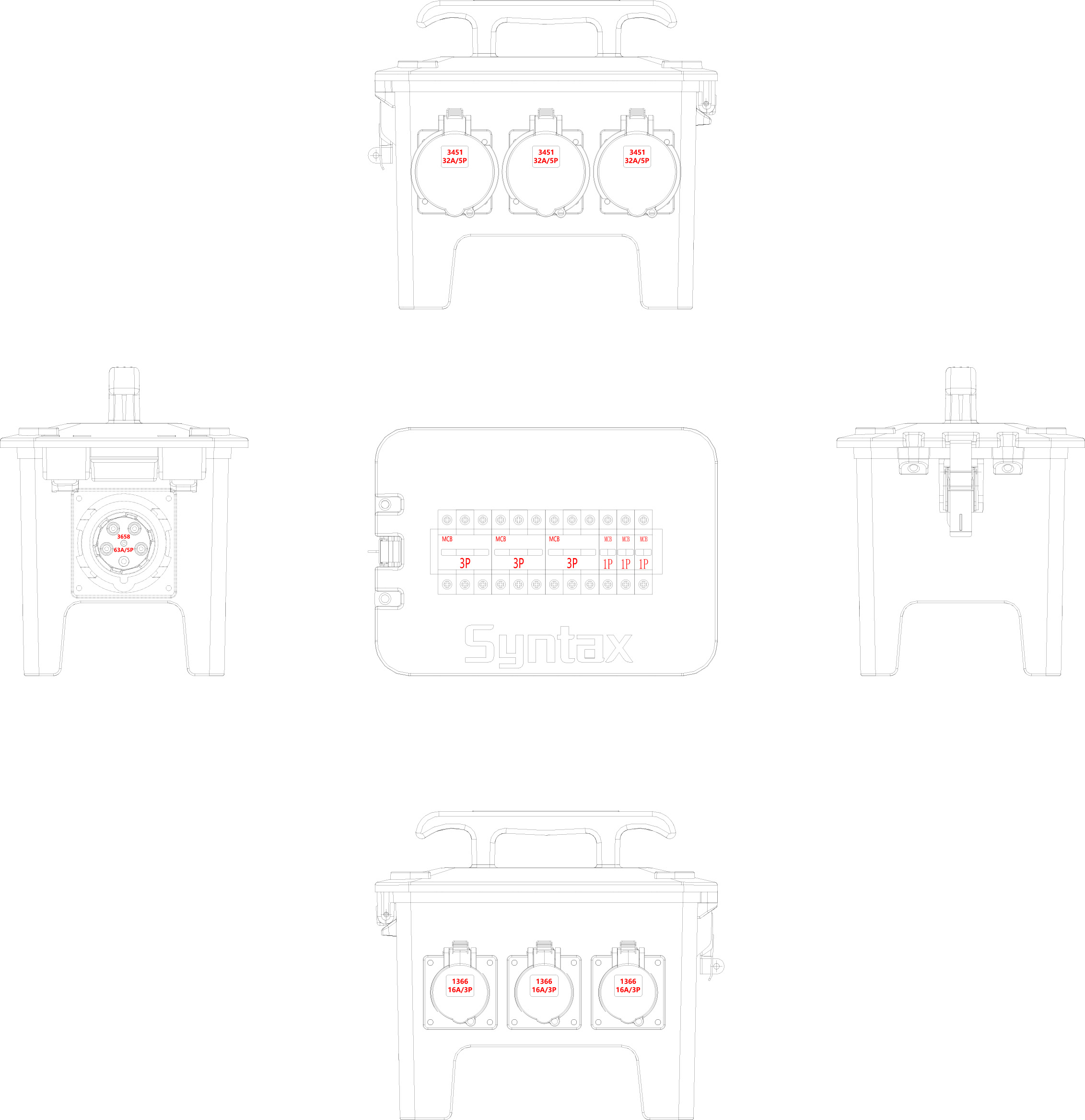 Syntax New RB13 Handy Solid Rubber Box 63A Three Phase Mains Power Distro Box For Live Event Industry