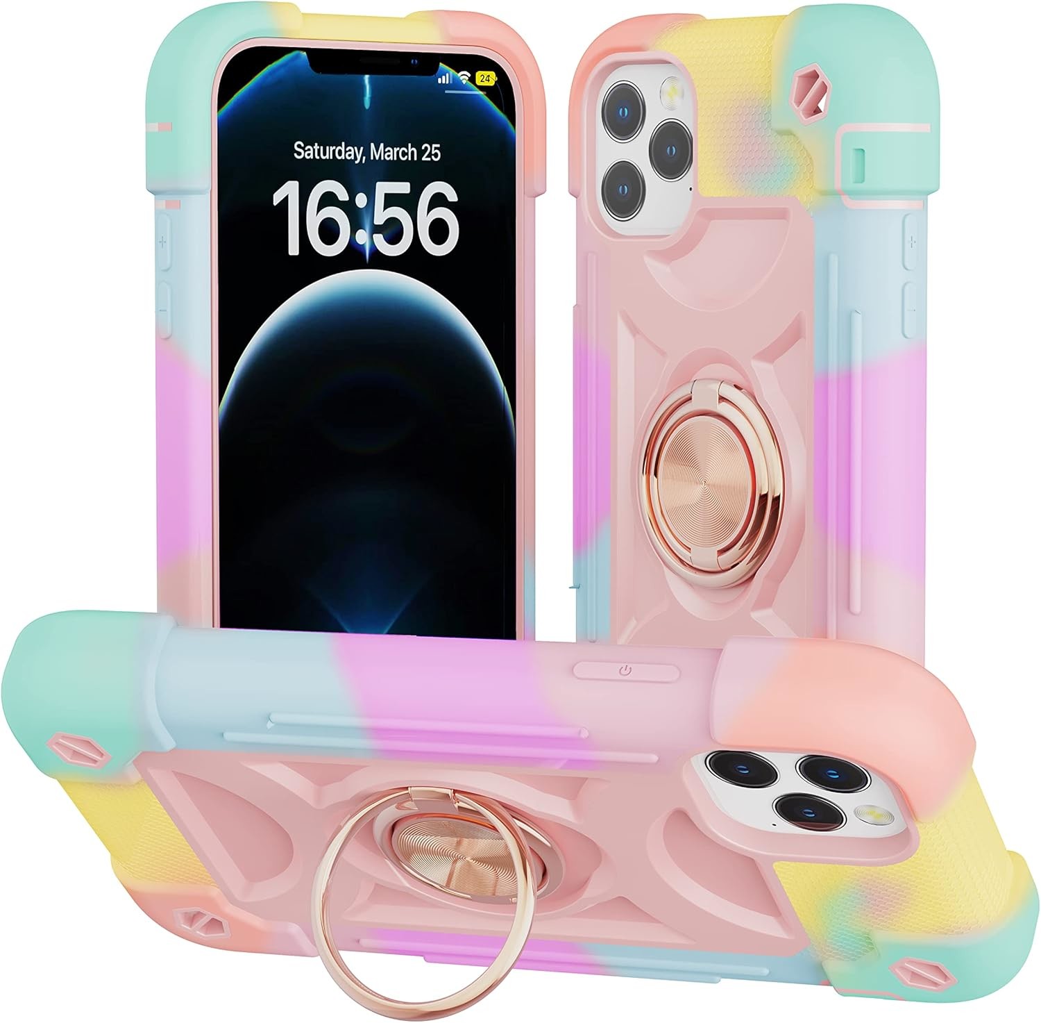 iPhone 12 Pro Max Case 6.7" - Heavy-Duty Shockproof, Ring Stand, Glass Screen & Camera Lens Protector (Rainbow Pink)