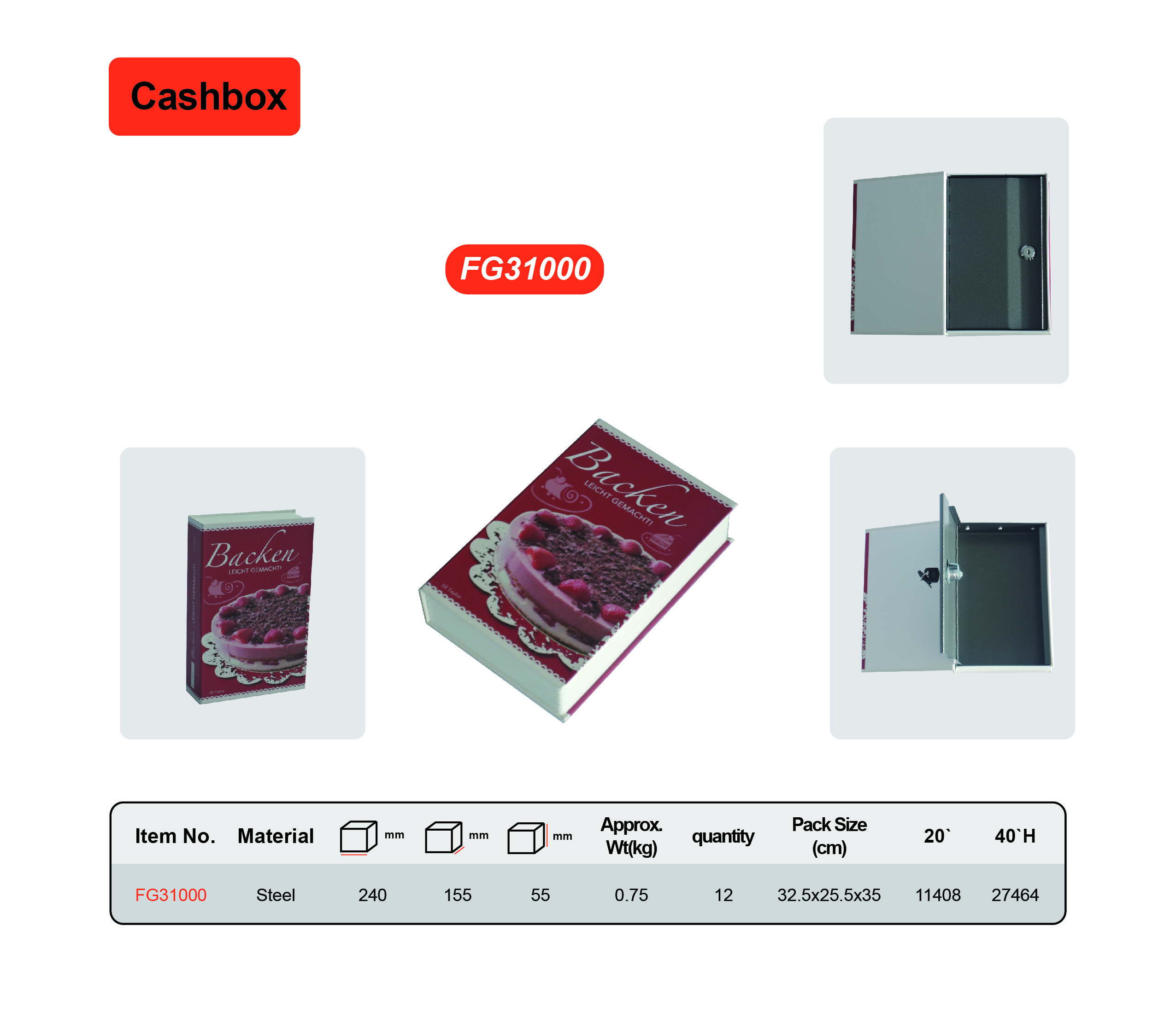 Steel Metal Cash Box Book Design With Key Lock Powder Coated Finishing