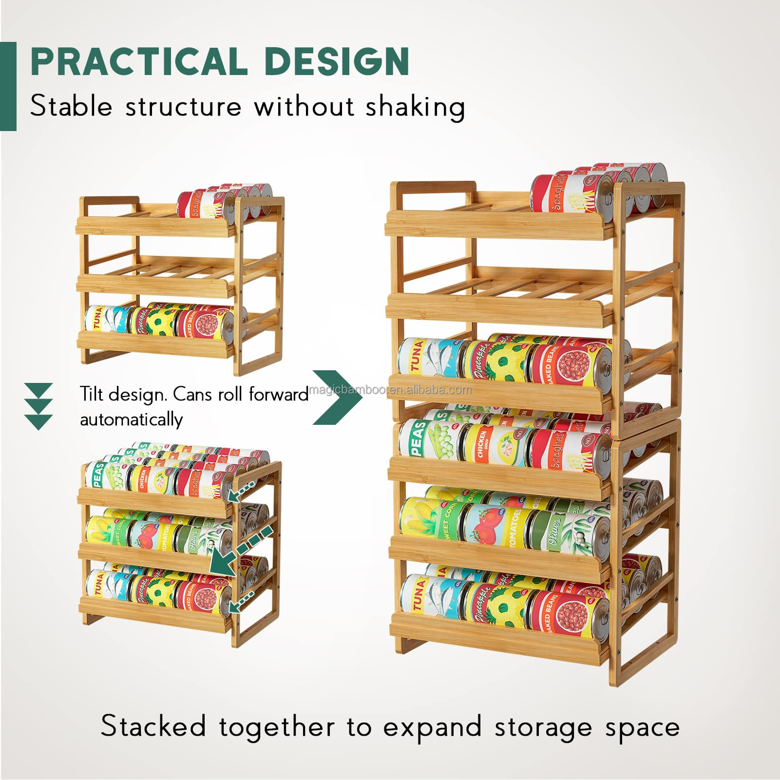 Food 3 Tier Stackable Bamboo Can Holder Storage Organizer with Sustainable Label Sticker