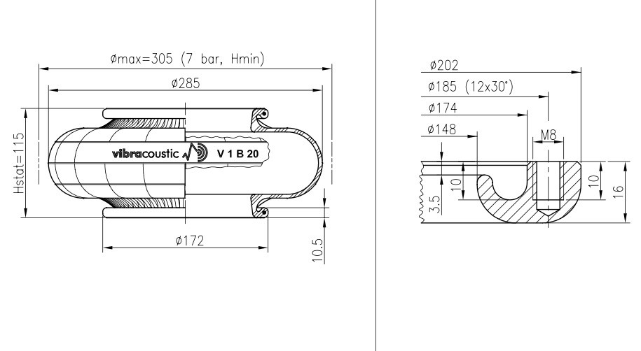 Vibracoustic V1B20 305mm Single Convoluted Air Spring 230116-1