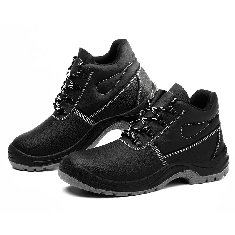 Black Genuine Leather Safety Shoes Steel Toe Work Boots Construction