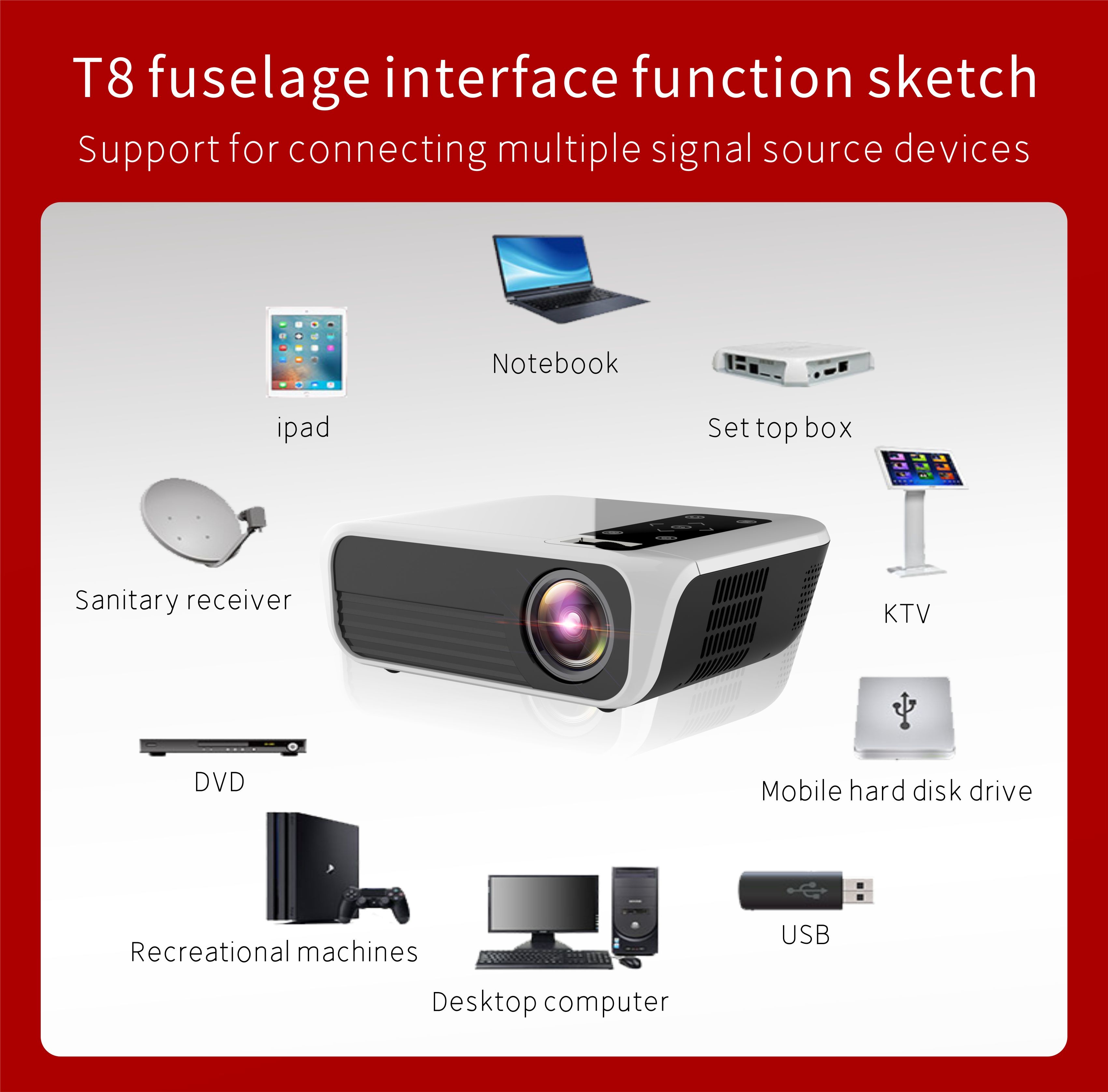 200" 3000lm HD Mini LED Projector 1080P T8 Full Hd Projector For TV DVD PC
