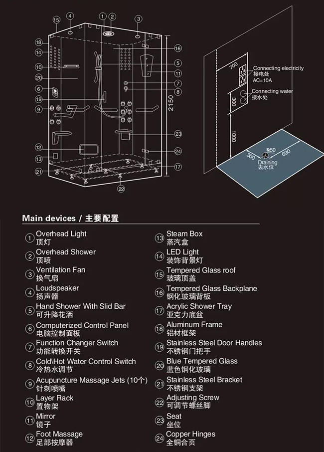 Tempered Glass Sliding Door Enclosed Steam Shower Cabins Aluminum Frame