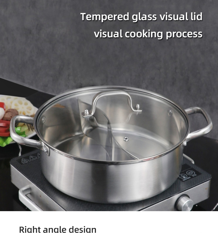 High Quality 18/8 Stainless Steel Pot Weldless Hot Pot Two-flavor Soup Pot Induction Cookware With Glass Lid