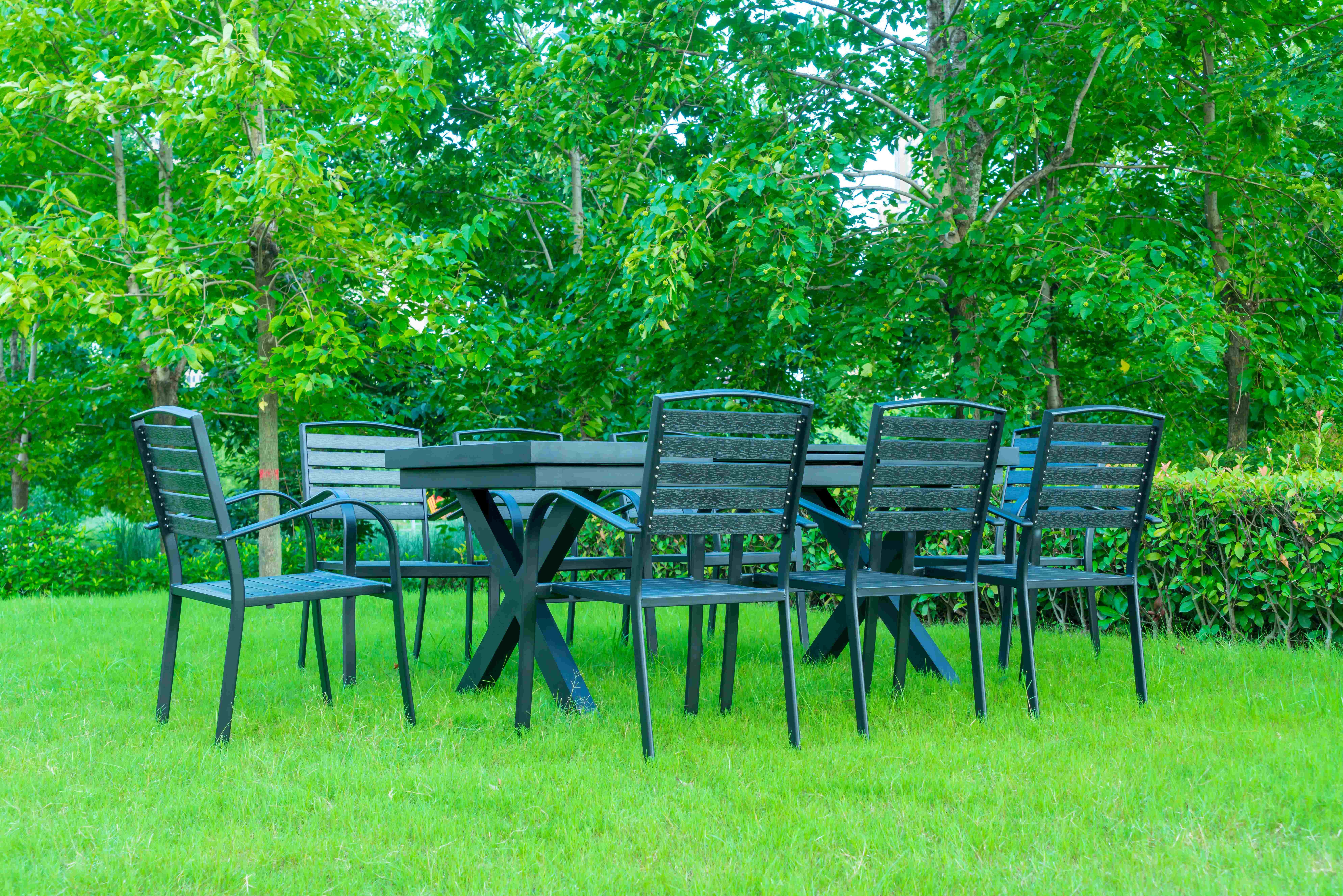 9 Pieces Black Plastic Wood Modern Outdoor Garden Furniture Table Set 8-10 Seater Extendable Patio Dining Table Chairs