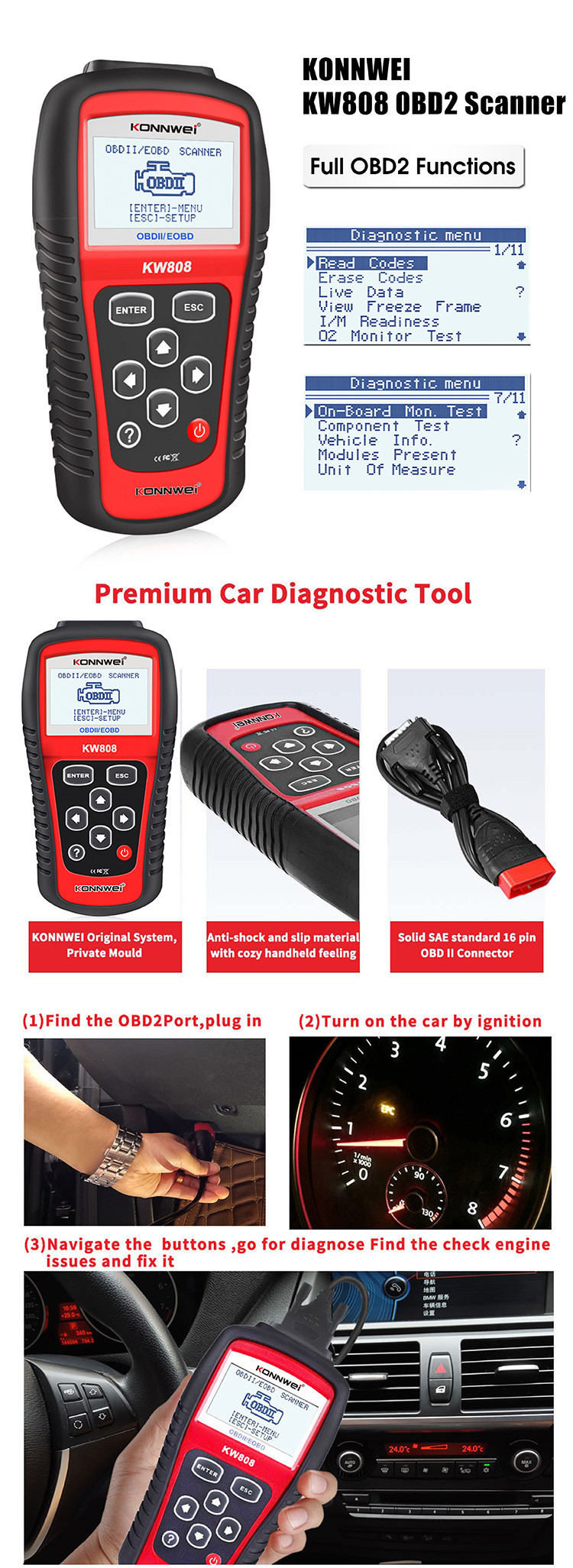 Konnwei promotion price model KW808 Obd2 Diagnostic Scan equipment EOBD protocols