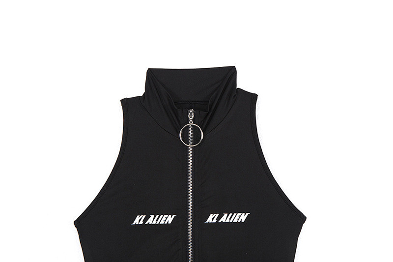 Sexy Sleeveless Bodycon Jumpsuit Turtleneck Zipper Fly Letter Print