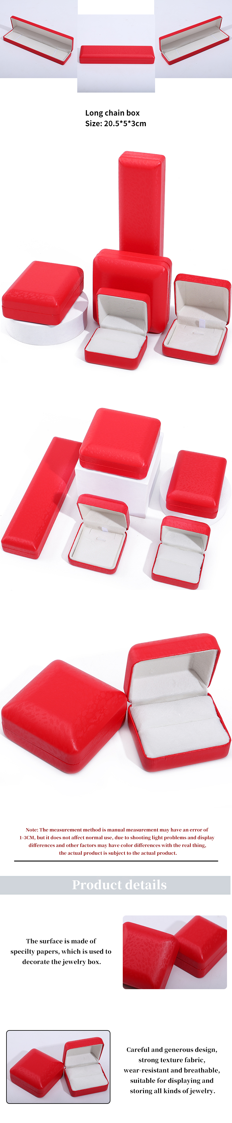 Red Convex Roof PU Leather Luxury Jewelry Box Set with Snow Grain Velvet Lining