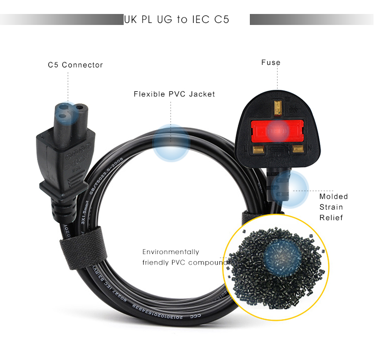 16A BS Standard Electric Power Cord With 3*1.5 Cable And Surge Protection To IEC C5