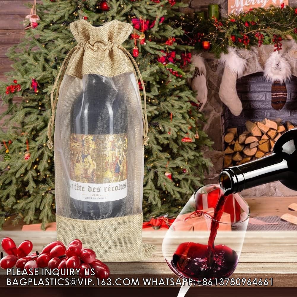 Burlap Wine Bags With Sheer Window, Hessian Cloth Bottle Gift Bags With Drawstring For Christmas Holiday Wedding Party