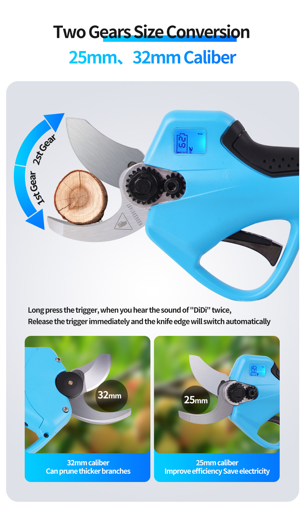 16.8V 32mm New Electric Pruning Shear With LED Screen / Cordless Pruner For Fruit Tree Branches With Hand Protection
