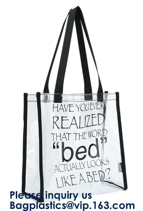 Beach Bag Clear PVC Bag Tote With Inner Pocket And Zipper Closure,PVC Bag Beach Tote With Black Handles, Bagease