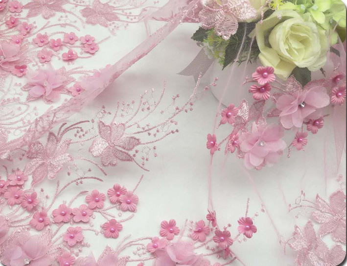 3D Flower Applique Embroidery Lace Fabric with bead and rhinestone