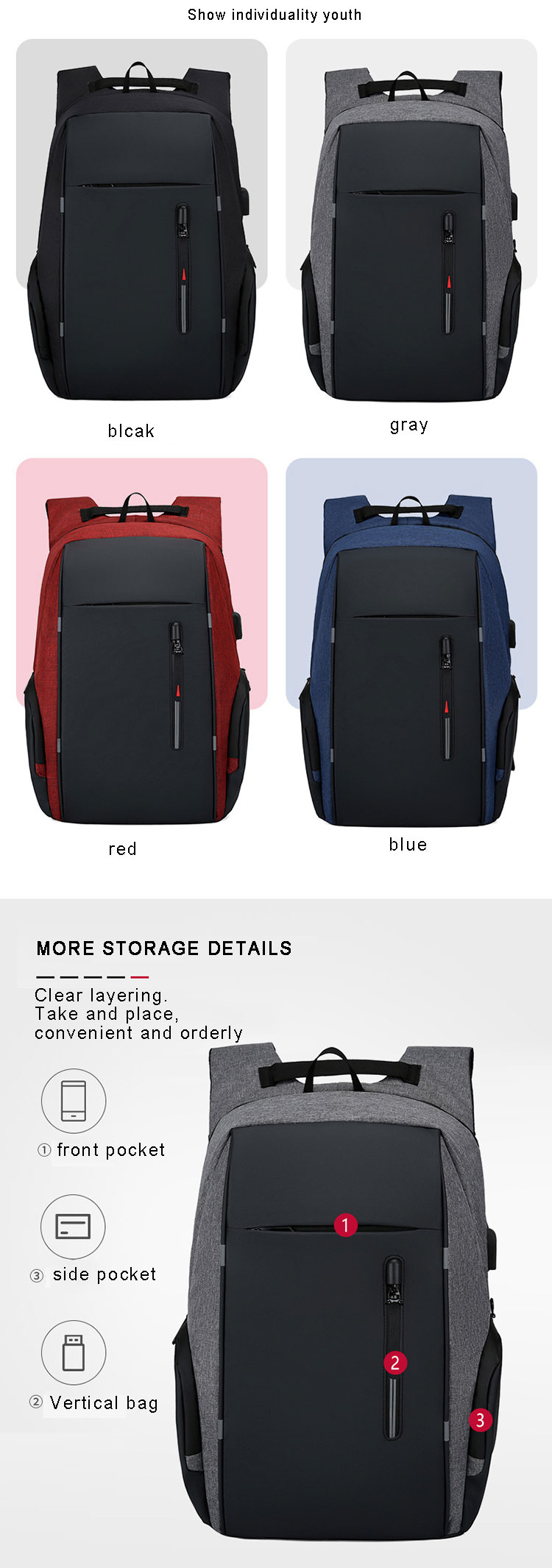 Large Capacity Oxford Cloth Laptop Backpacks Waterproof Smart Backpack With USB