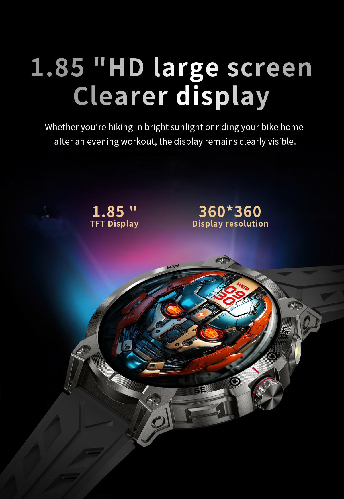 1.85" Rugged Smart Watch Touch Screen Bluetooth Calling Flashlight Compass