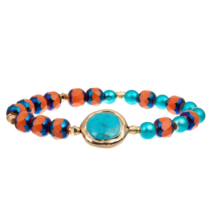 Square Blue Turquoise Bracelets Customized With Gold Plated Hematite Beads