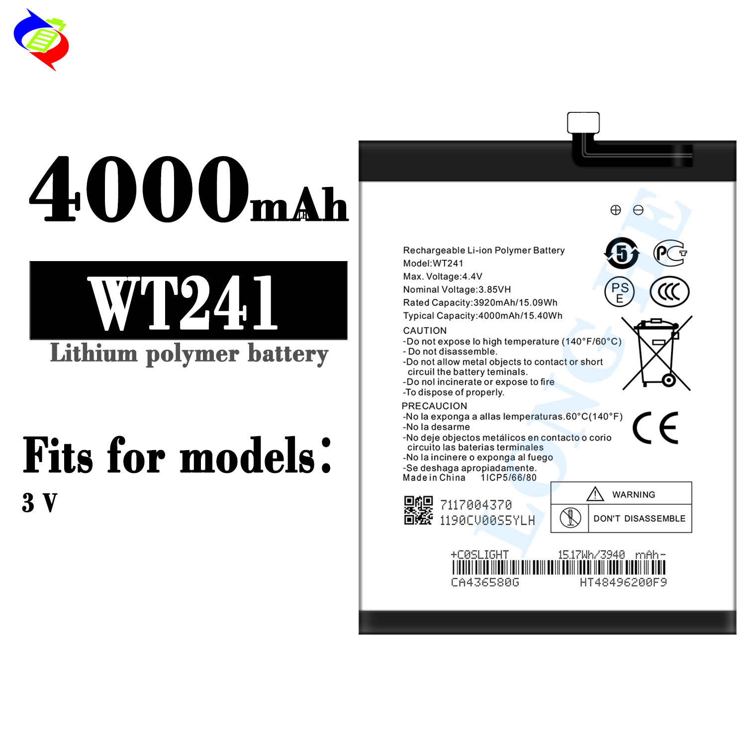 WT241 Rechargeable Batteries for Nokia 2.3 NK3.2 NK2.4 3.85V 4000mAh High Capacity