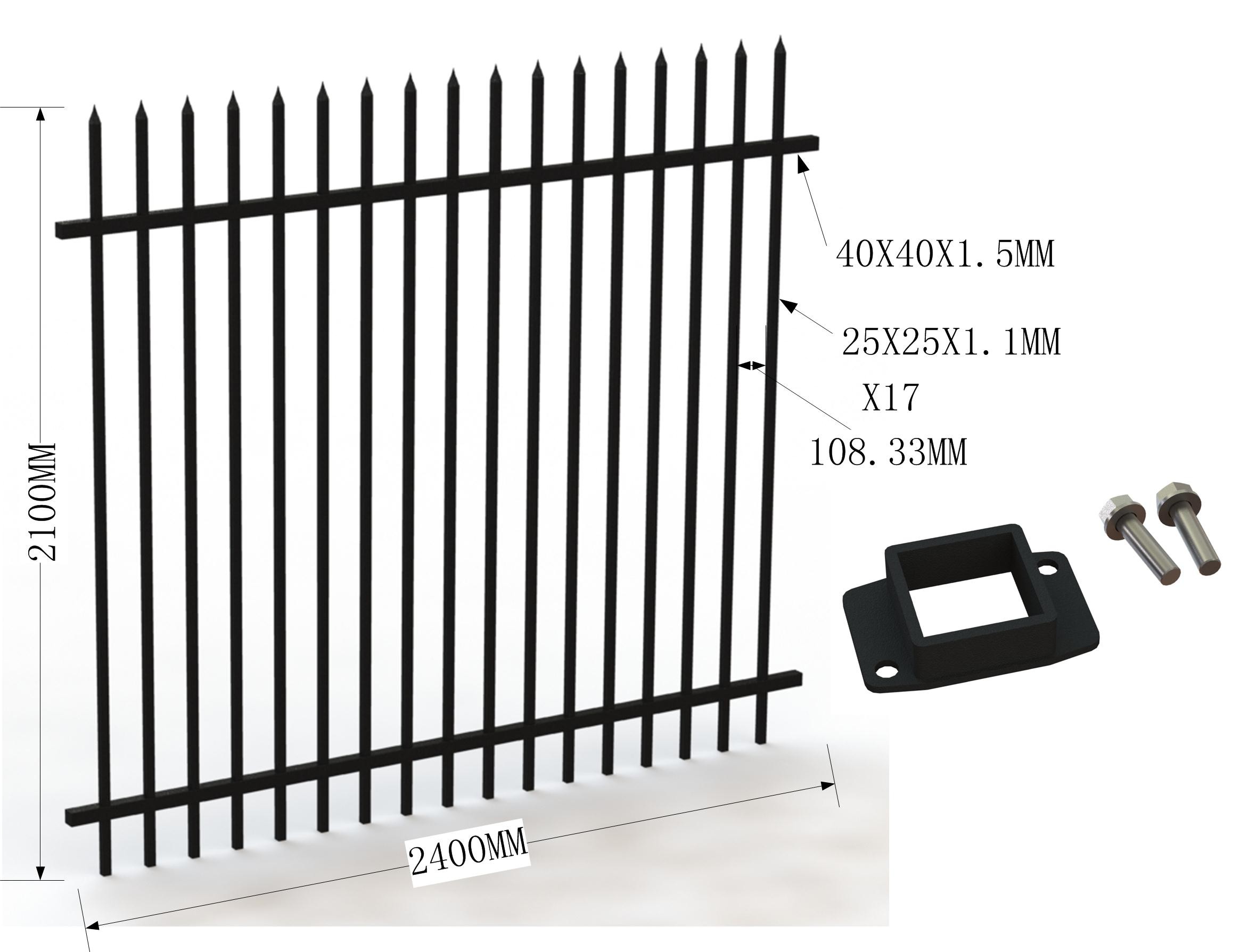 Steel Picket Tubular Fence, Spear Top High-Security Fence 1.8mx2.35m width rails 40mm*40mm