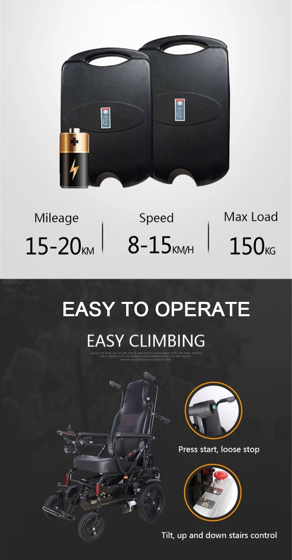 Portable Medical Transport Wheelchair Lightweight Disabled Electric Stair Clibing Wheelchair
