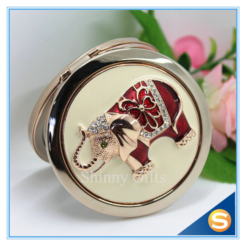 Shinny Gifts Elephant Design Handmade Round Compact Mirror Portable Small Mirror