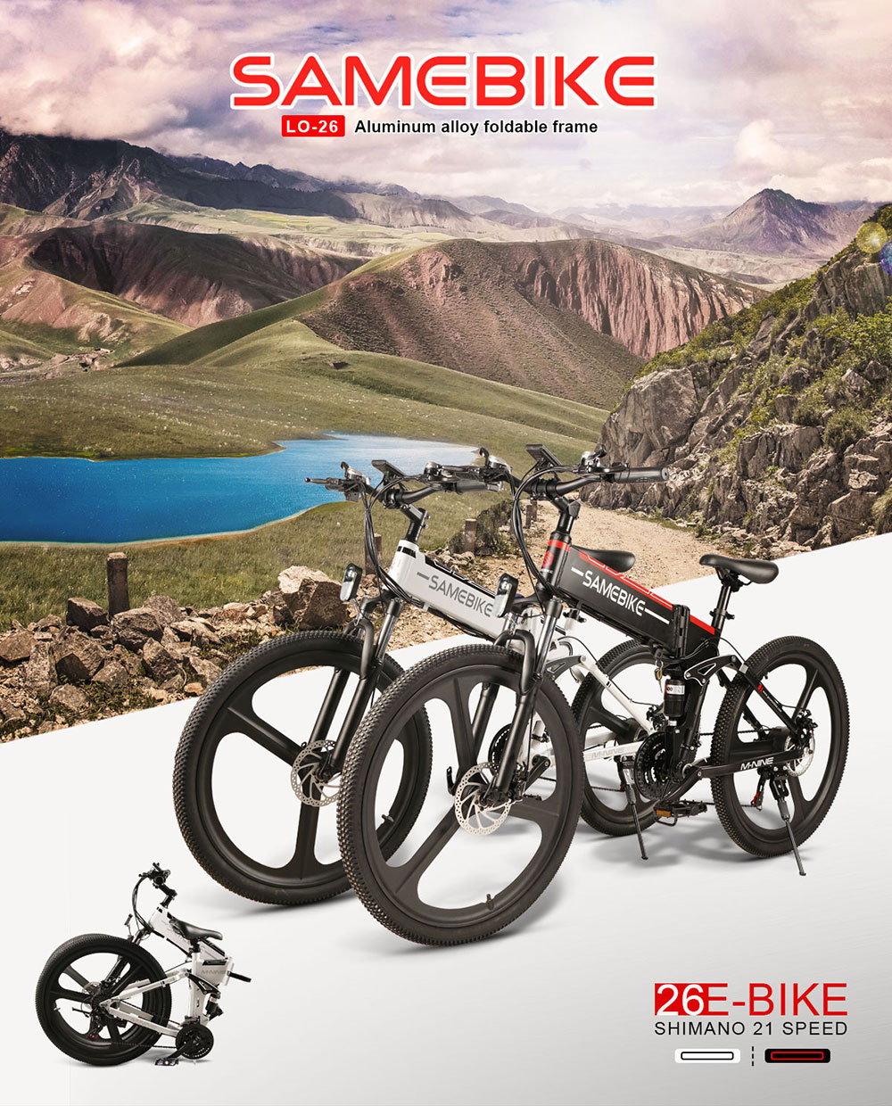 Samebike 26 Inch Folding Electric Bike LO26 With 10.4Ah Lithium Battery