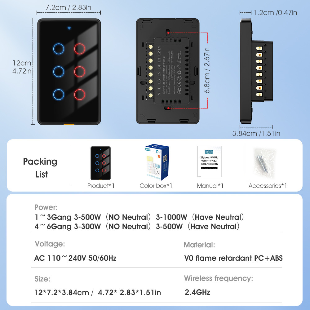Tuya Smart WiFi 6 Gang Light Switch No Neutral Wire, Timing, Voice Control, RF433, Alexa & Google Home Compatible