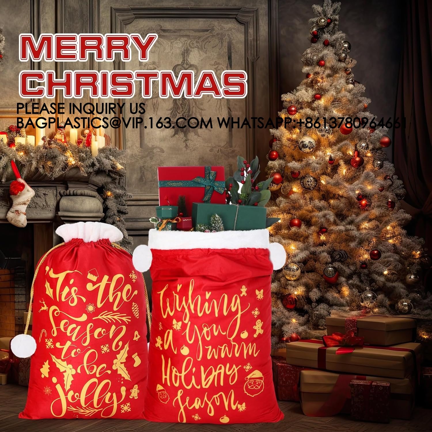 Drawstring Christmas Gift Bags Reusable Xmas Wrapping Bags Giant Christmas Sacks For Xmas Party Favors