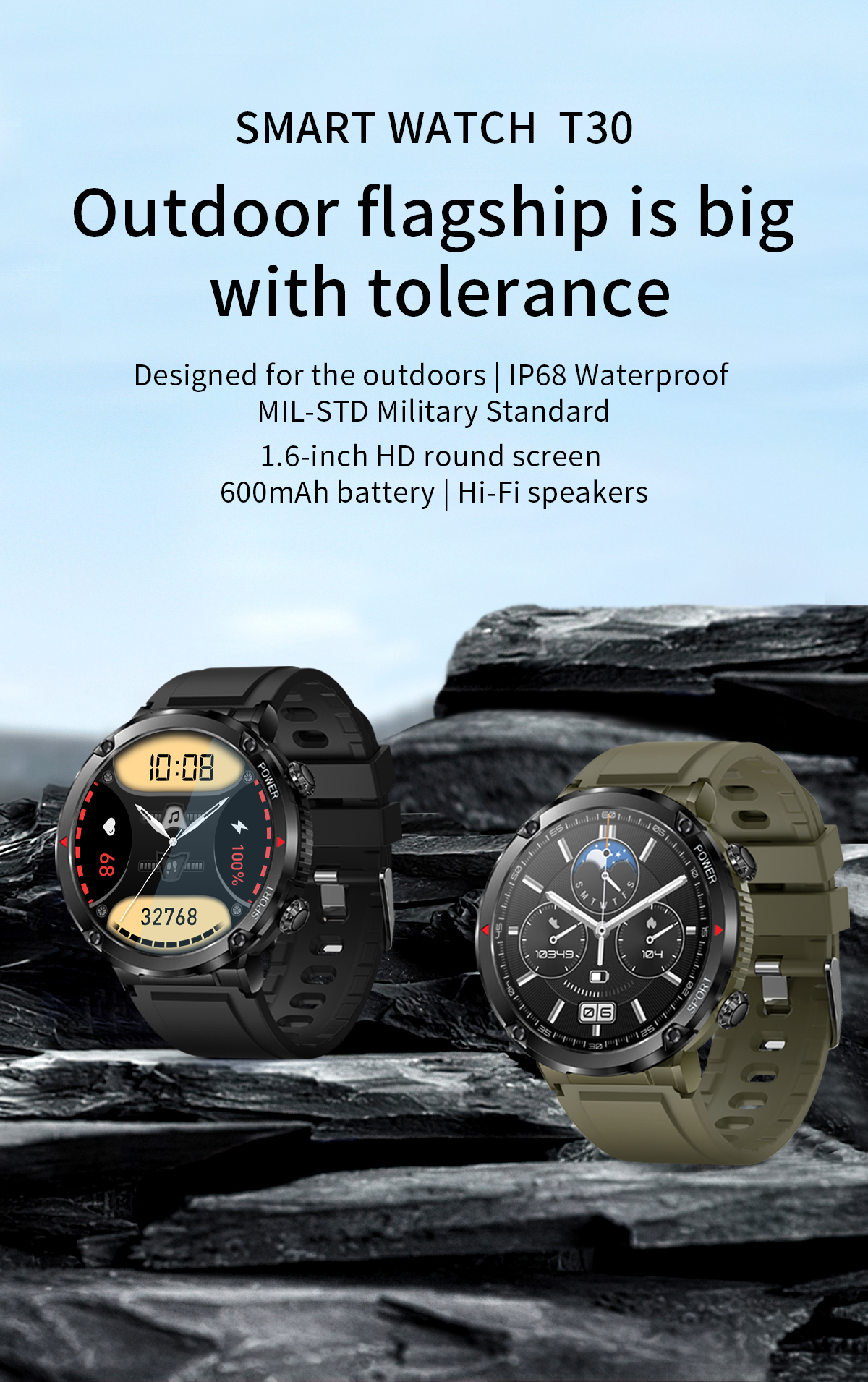 T30 Fitness Tracker Watch Waterproof 1.6 Inch Large Round Screen Man 600mAh Big Battery For Men Fitness