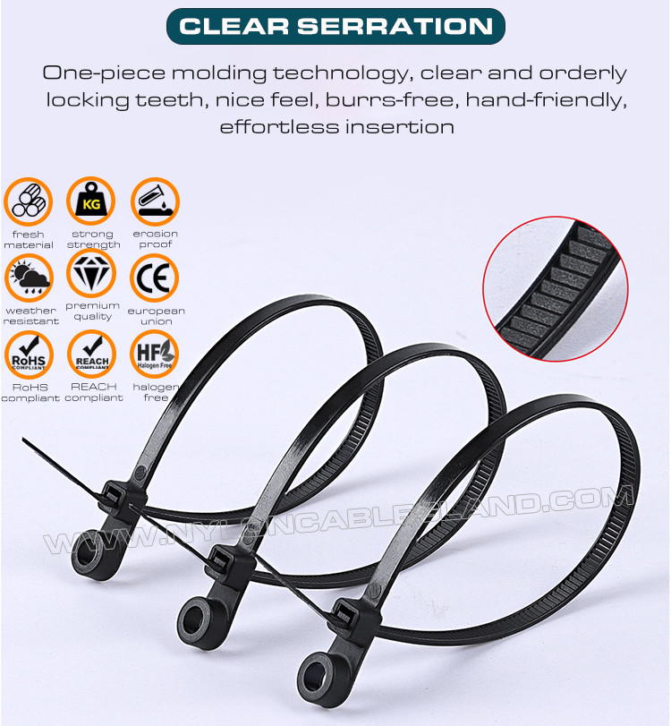 Nylon (PA)66 Cable Tie with Round Mounting Hole 300mm x 4.8, Screw Mount Plastic Cable Tie (50lbs) Mountable Head Zip Tie for Hanging Objects