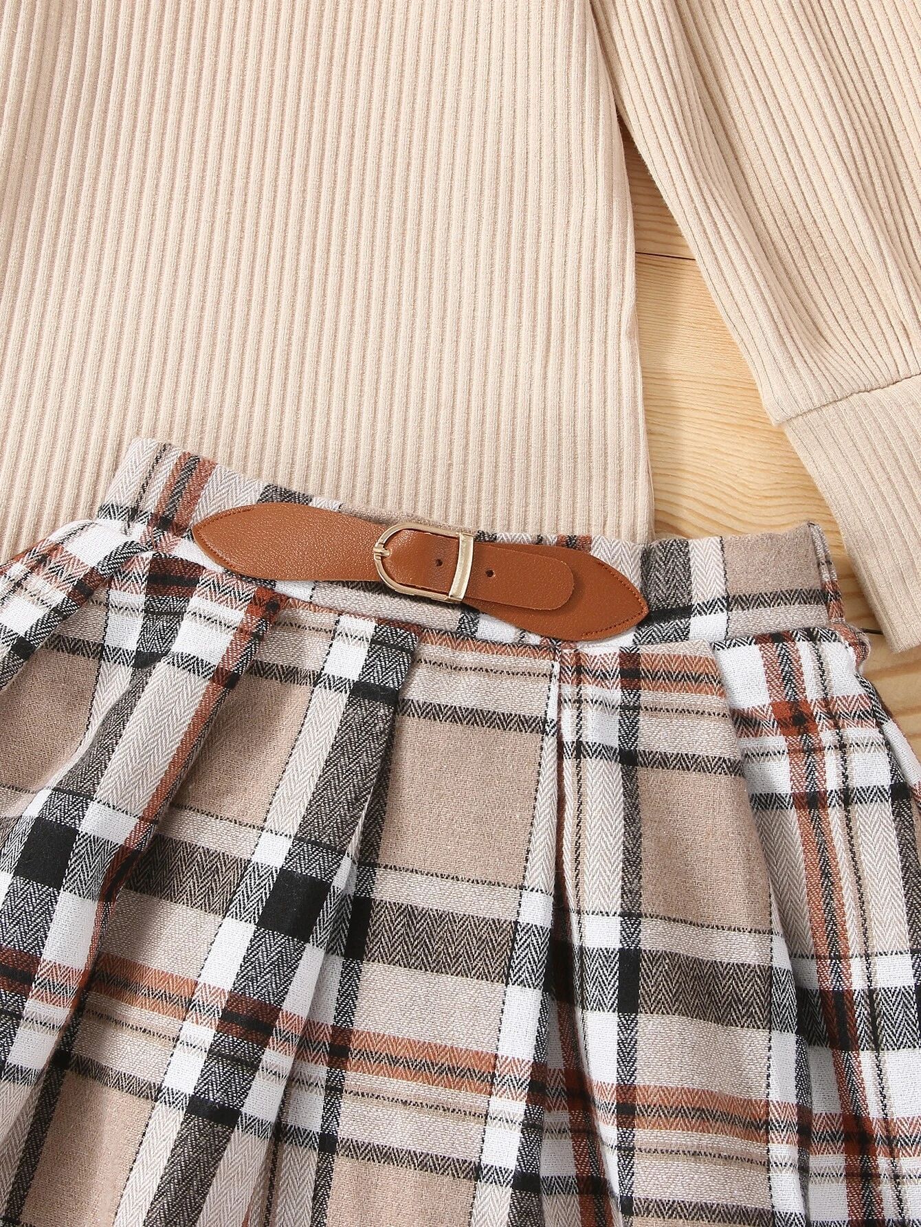 Children'S Outfit Sets Girls Plaid Skirt Suit Mid-High Collar Pullover Skirt Suit