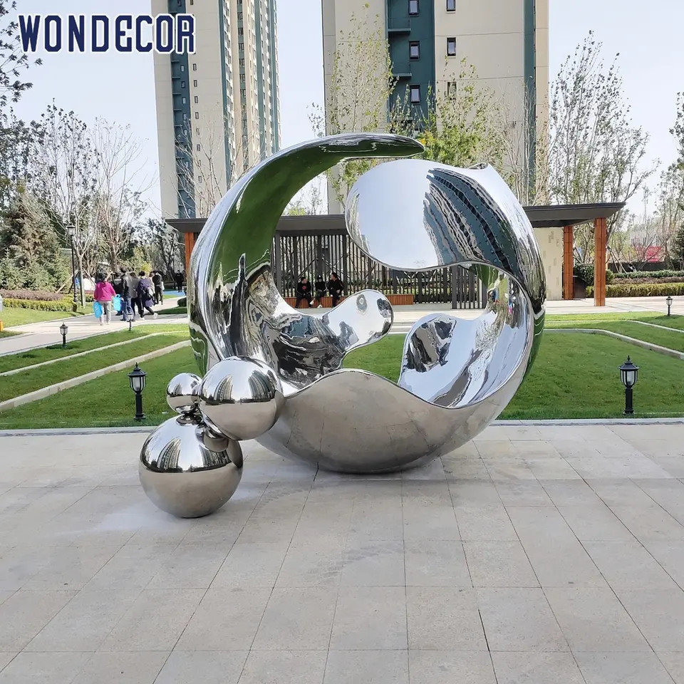 Large Outdoor Garden Mirror Polished Forged Metal Sculpture Hollow Sphere