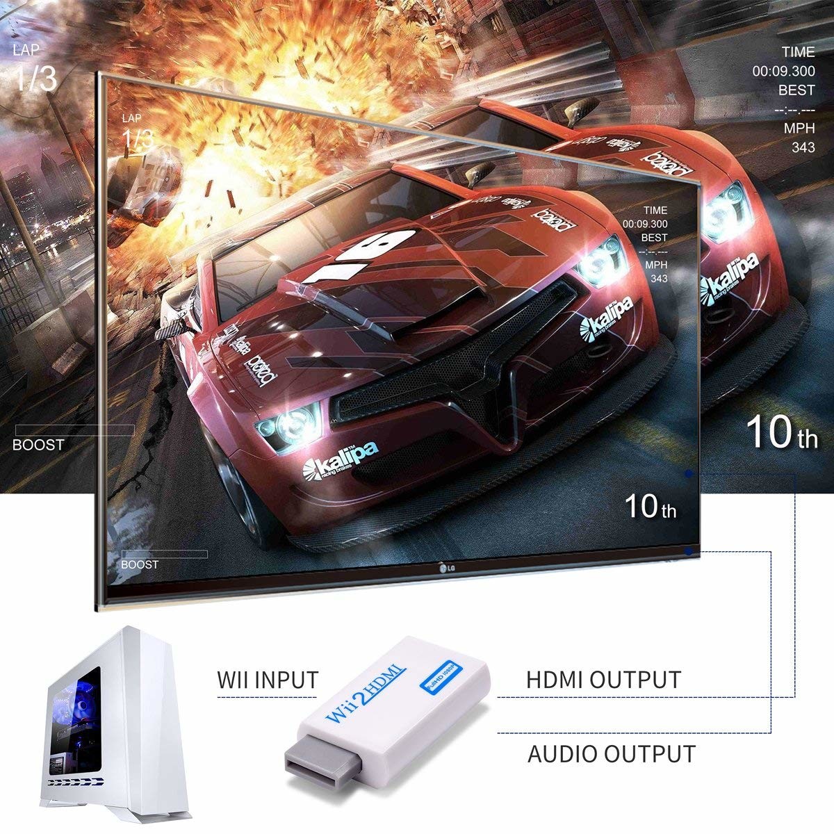 Wii to Converter Adapter with 3ft High Speed Cable Wii2 Adapter Output Video Audio with 3.5mm Jack Audio