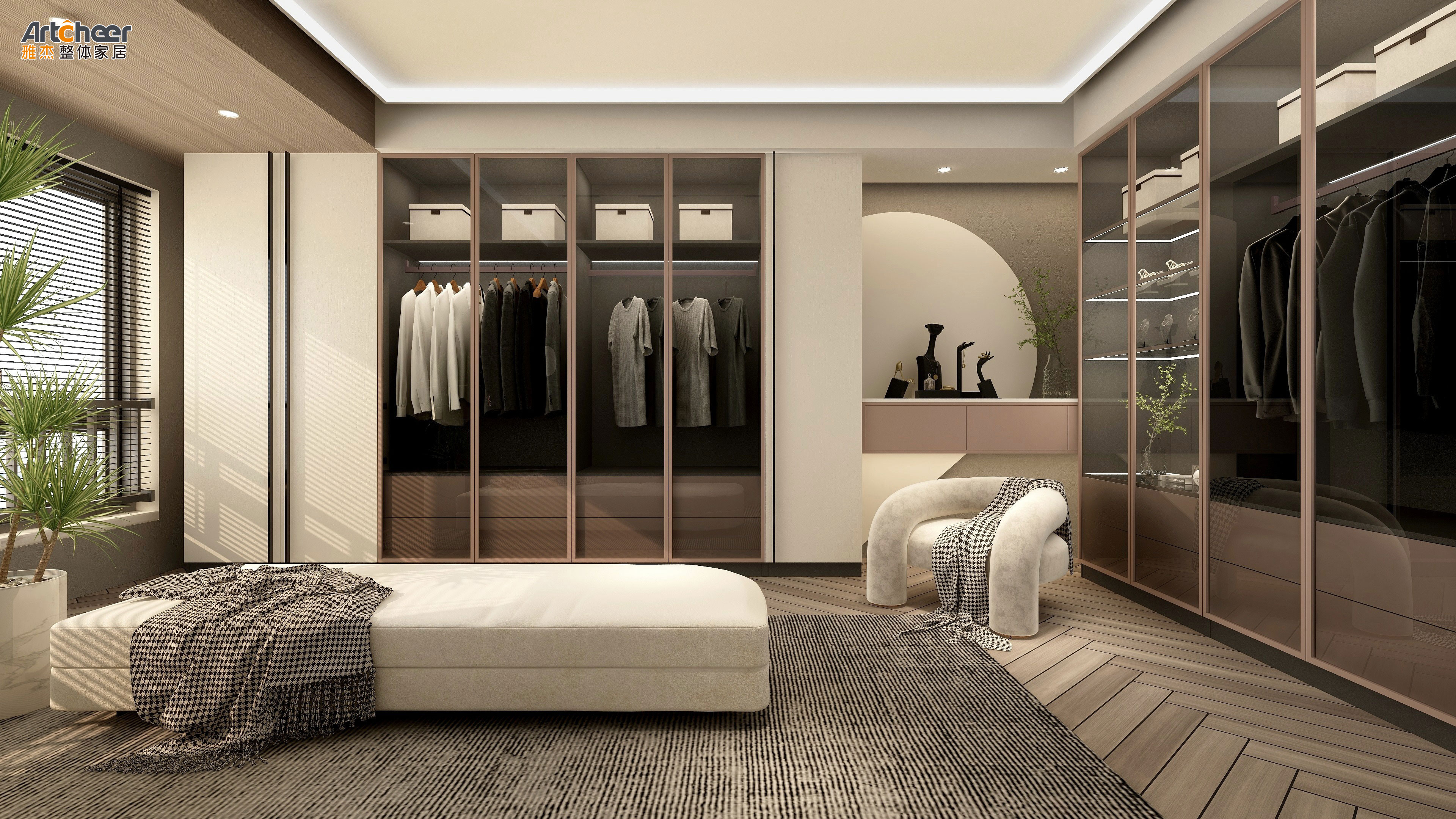 Create a Chic Walk-In Closet with a Wardrobe Featuring Glass Doors and Accessories