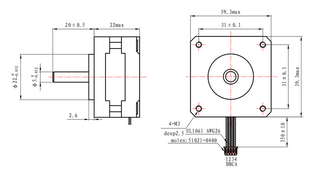 39x39x22mm 12V NEMA 17 Stepper Motor 100mN.M For Robot