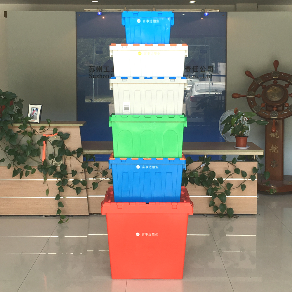 Heavy Duty Stackable Nesting HDPE Plastic Crates With Attached Lid Totes 67 ltr