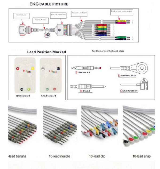 ECG Cable One Piece 3 Lead Patient Cable with Leads (AHA, compatible)