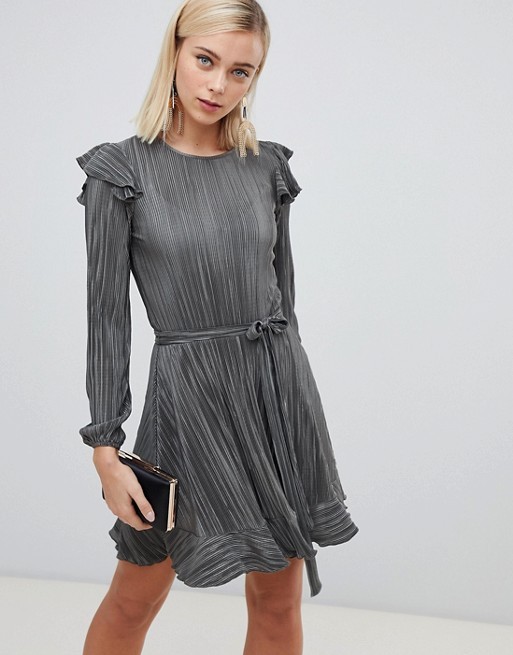 factory clothing manufacturer custom long sleeve frill belted plisse dress for woman