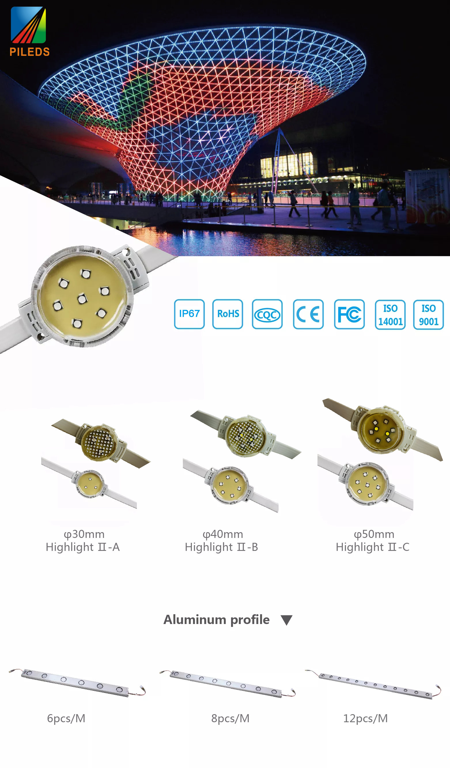 50mm DC24V LED Pixel Dots Light DMX512 RGBW 2w IP68 For Outdoor Building