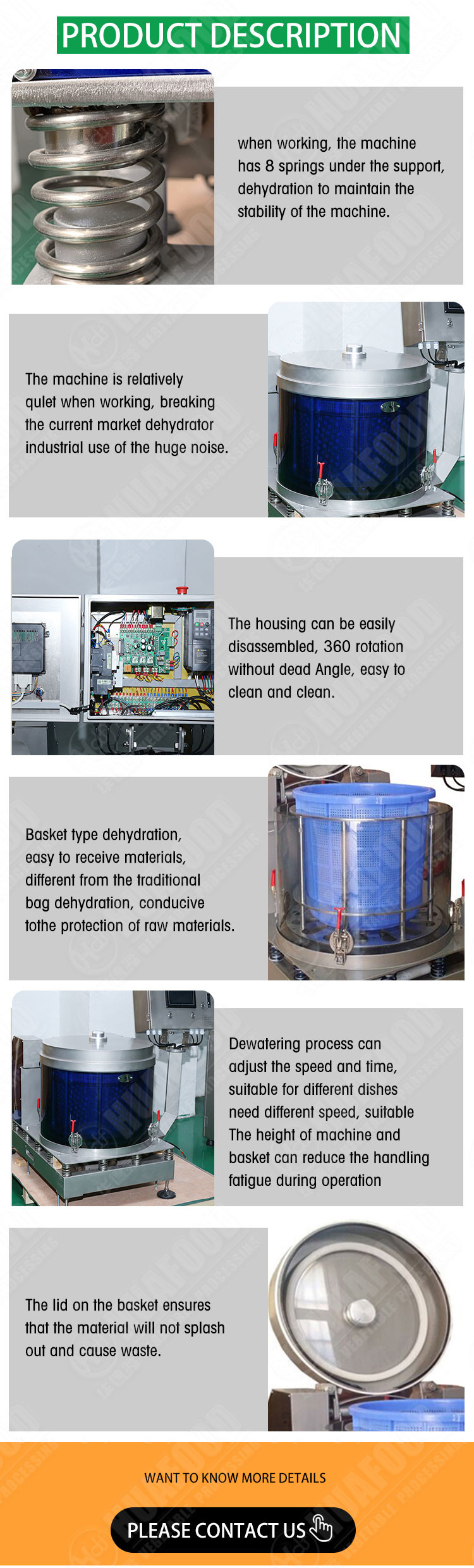 SUS304 1.62KW Food Drying Machine Salad Dewatering Vegetable Spinning Machine
