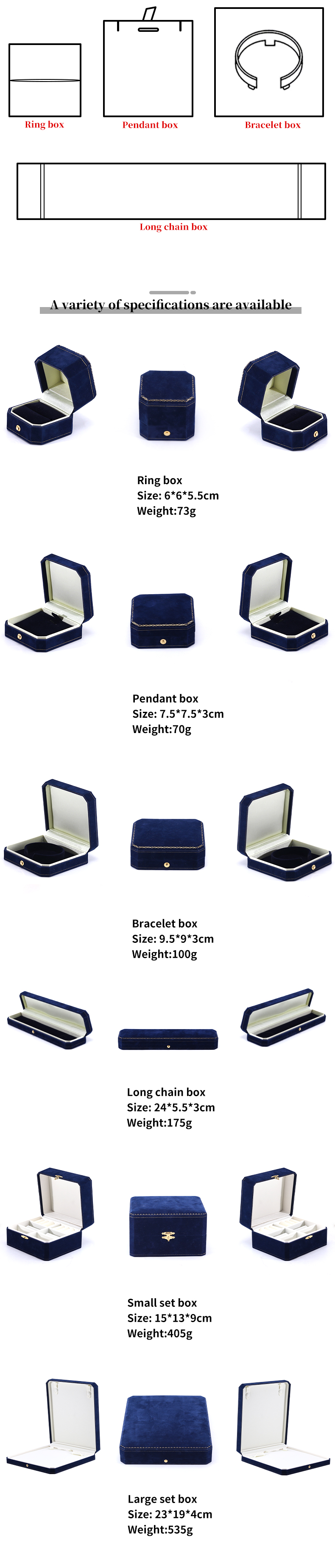 Handmade Rectangle Dark Blue Velvet Jewelry Box for Custom Luxury Bracelet Ring Set
