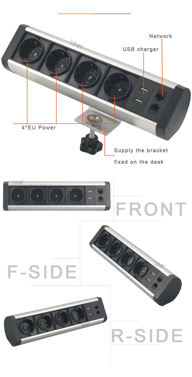 Horizontal EU power clamp on table power socket box with data connectors