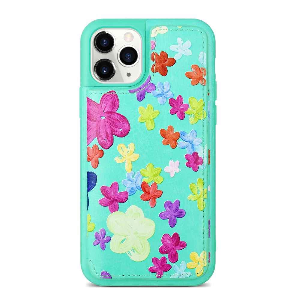 Floral Pattern Card Pocket Phone Case Kickstand Makeup Mobile Cover For Iphone 12