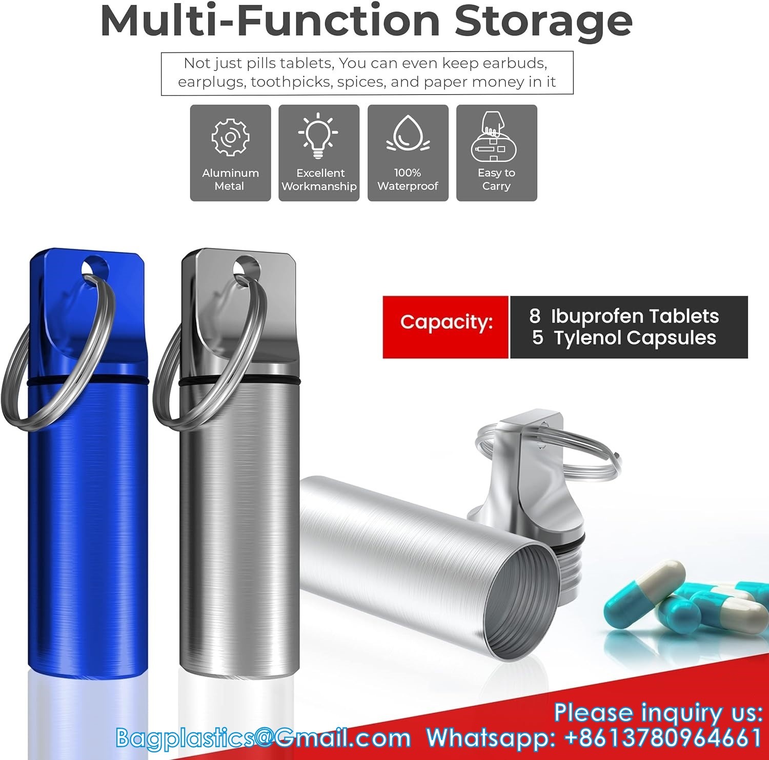 Aluminum Metal Pill Box Case Organizer With Keychain - Outdoor Medicine Bottle Key Ring Small First Aid Drug Holder