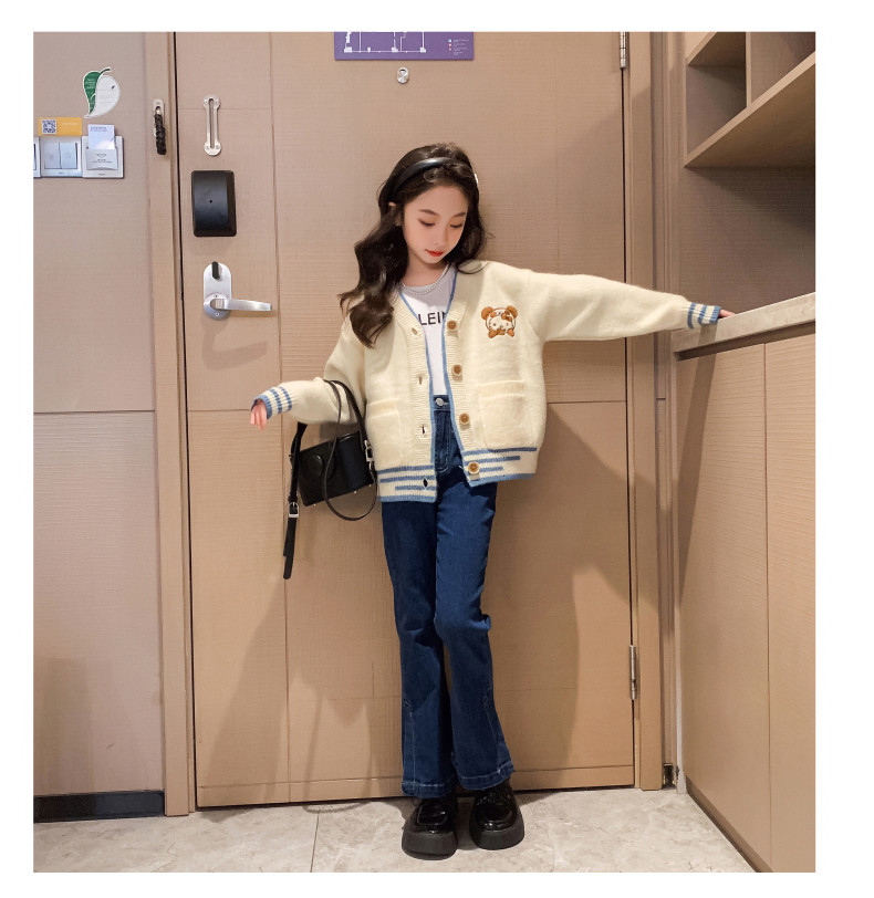 Girls Korean Embroidery Knitted Cardigan Coat For Ages 4-16