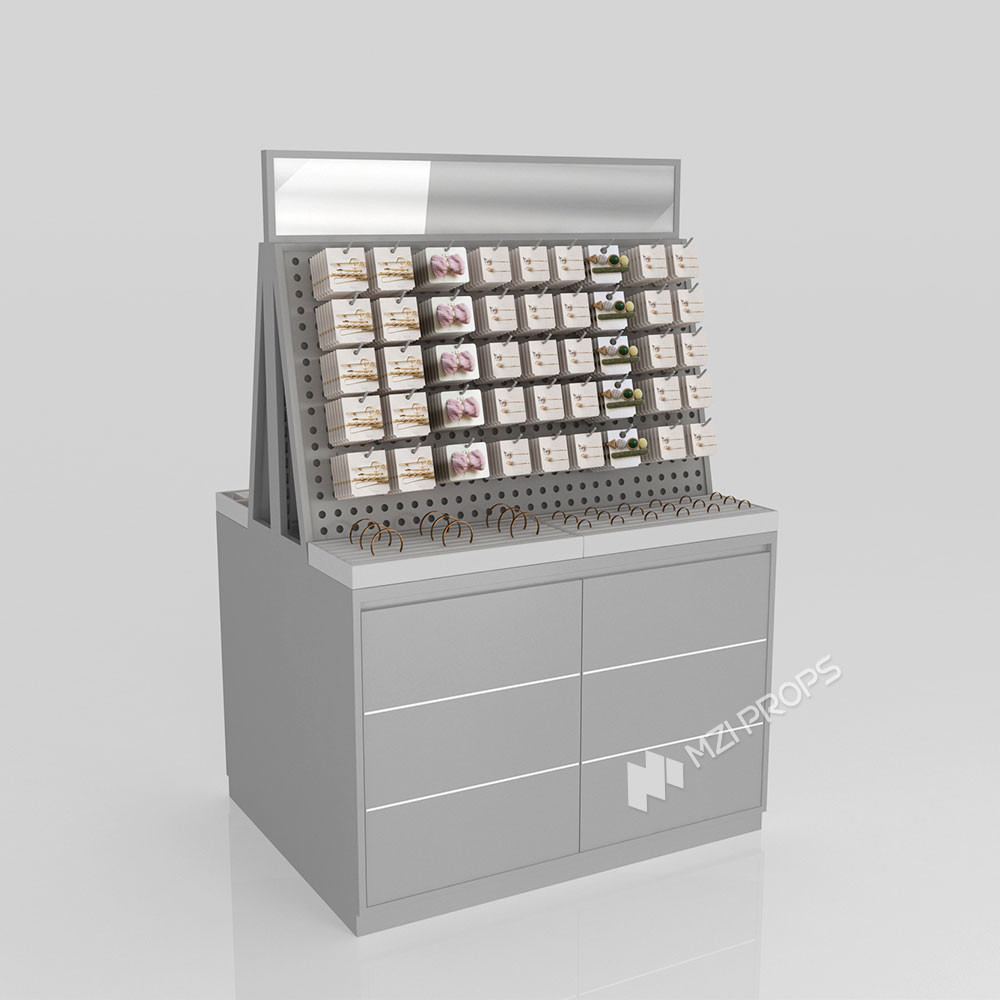 GDR08-SP02 Cosmetic Display Shelf with Gray Velvet Headband Cylinders and Efficient Storage for Cosmetics Retail Stores