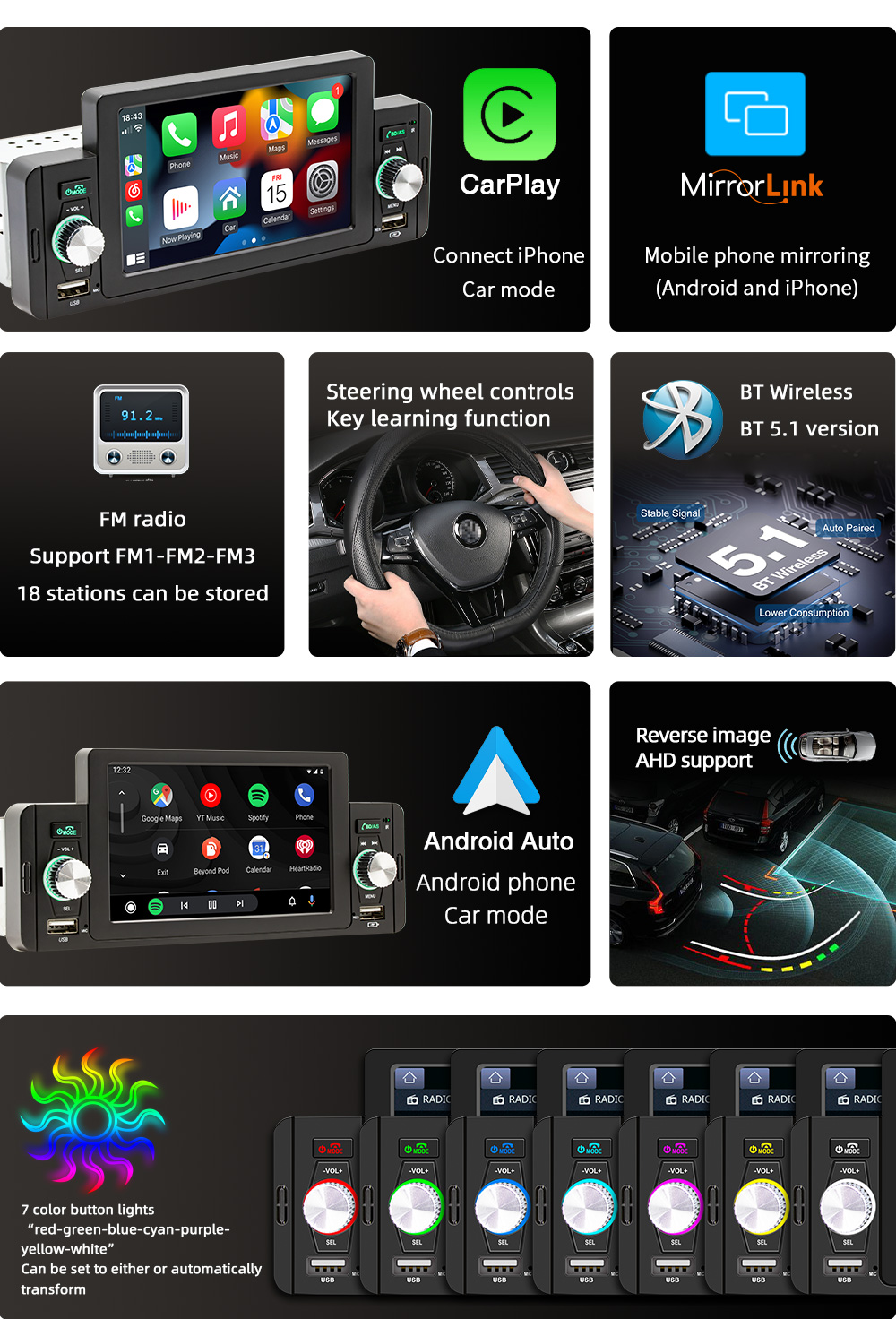 Universal 1 Din Car Mp5 Player 5 Inch BT5.1 Car Audio Stereo Wireless Carplay