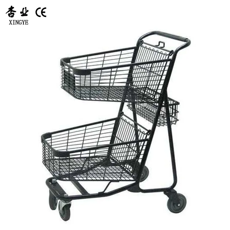 Double Basket Wire Shopping Cart Metal Black Customized Colors