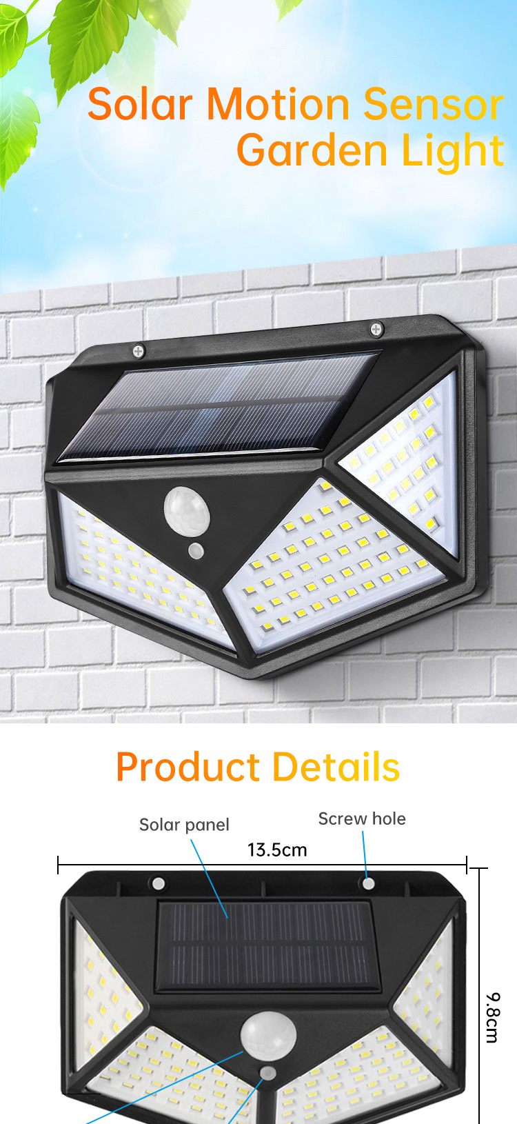 1000LM 100 LED Solar Powered Lights Solar Motion Detector Lights